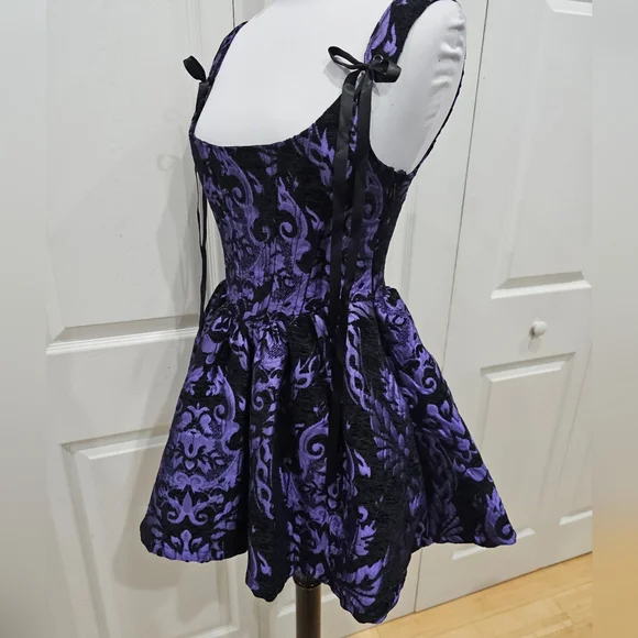~SOLD~ Dolls Kill Goth Widow Sultry Sins Black Purple Brocade Corset Dress XS - Picture 9 of 12